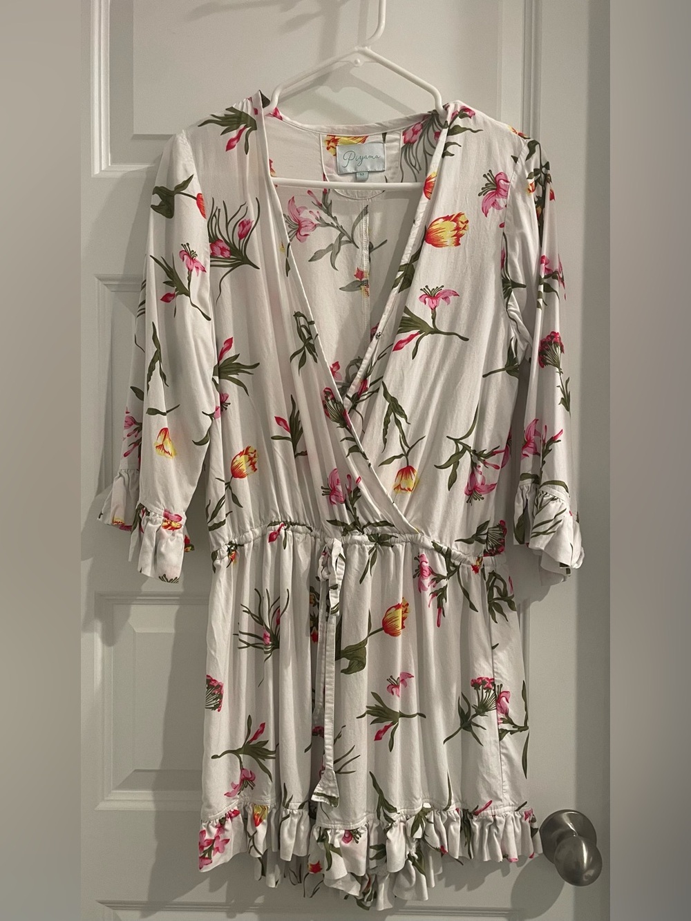 Floral Wrap Romper in White with Pink & Yellow Tulips